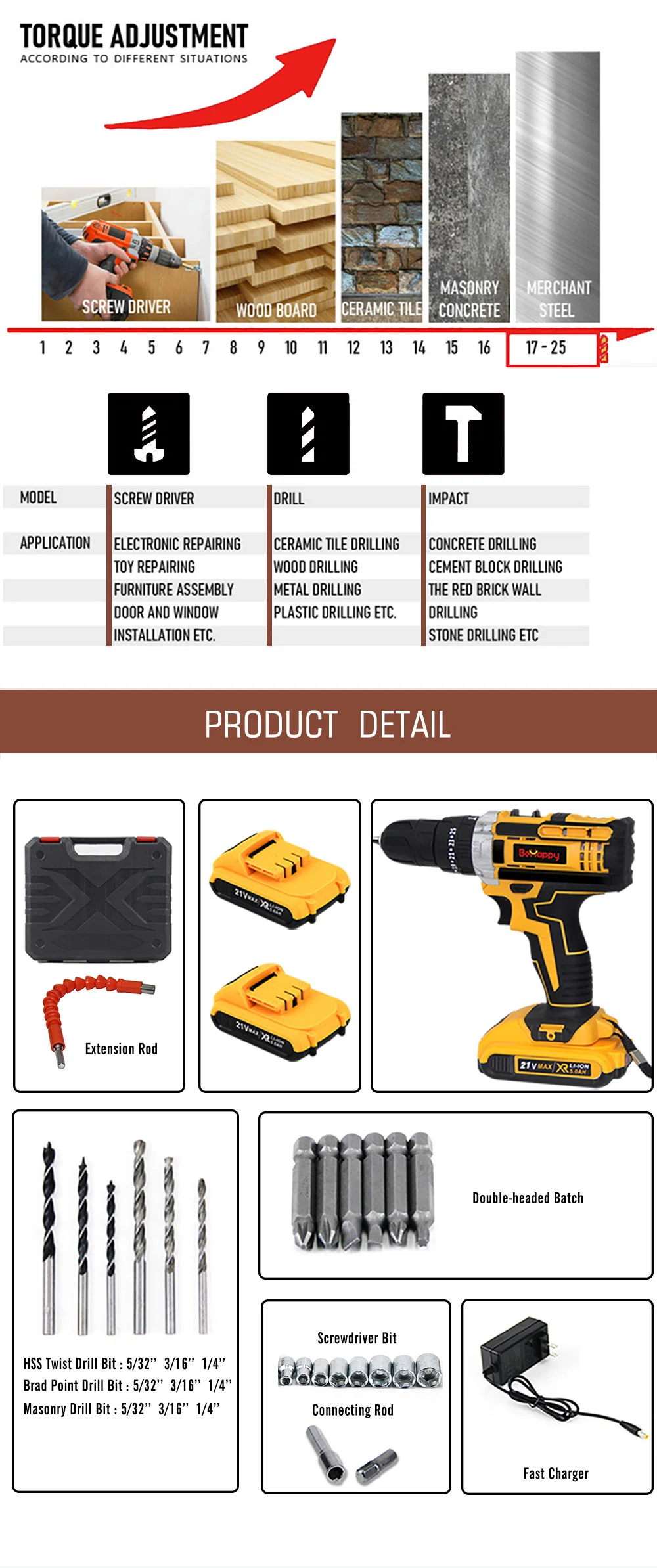 Behappy Cheap 12V Chargeable Cordless Drill Power Tool for Drilling Machine Set